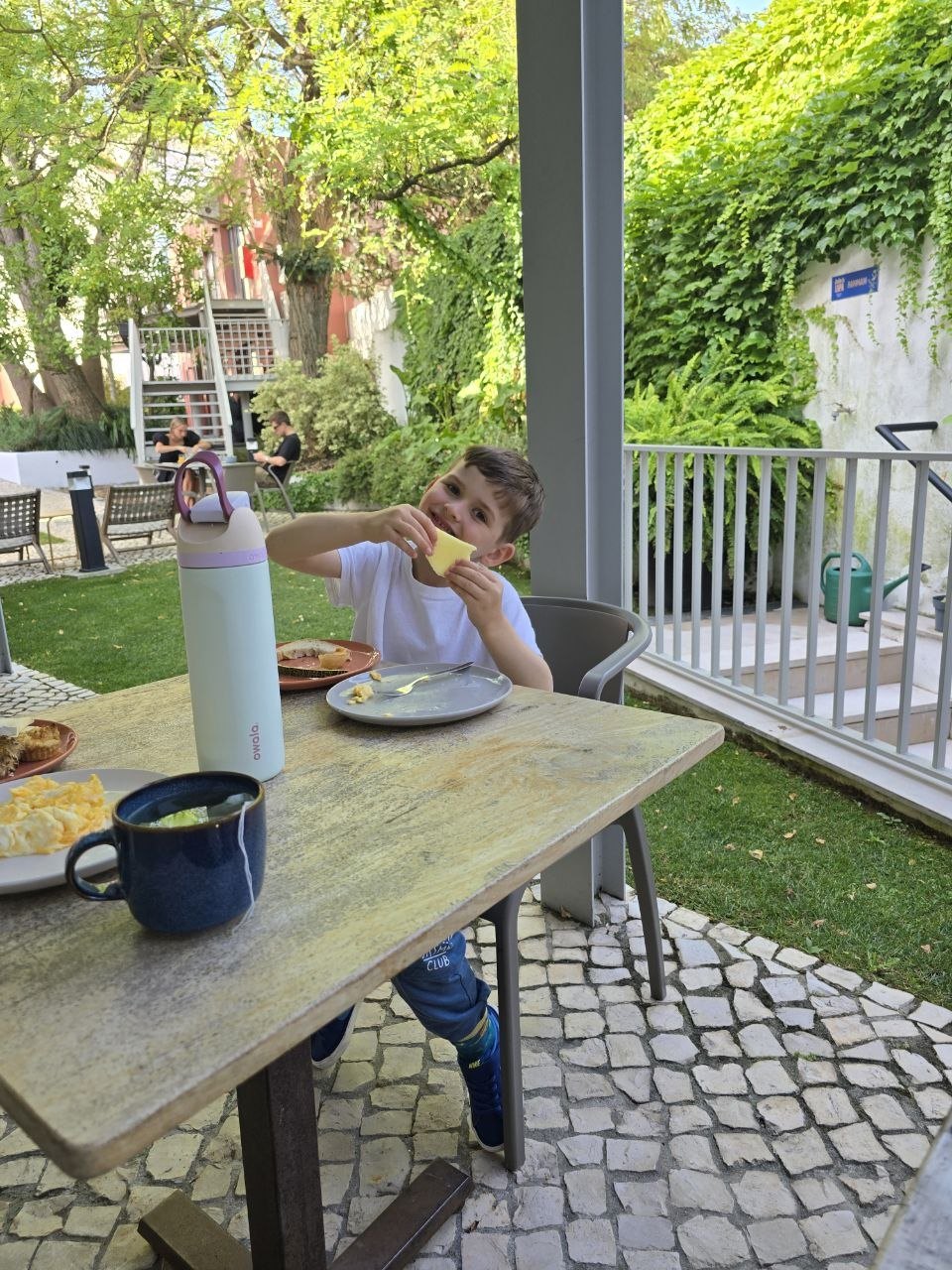 Hotel garden breakfast in Lisbon after arrival
