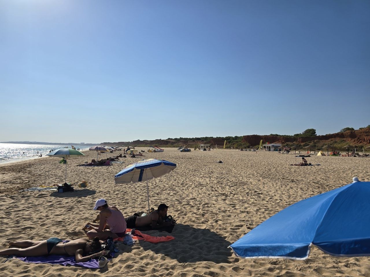 Wide view of Rocha Baixinha beach with umbrellas, golden sand, red cliffs, and bright sun