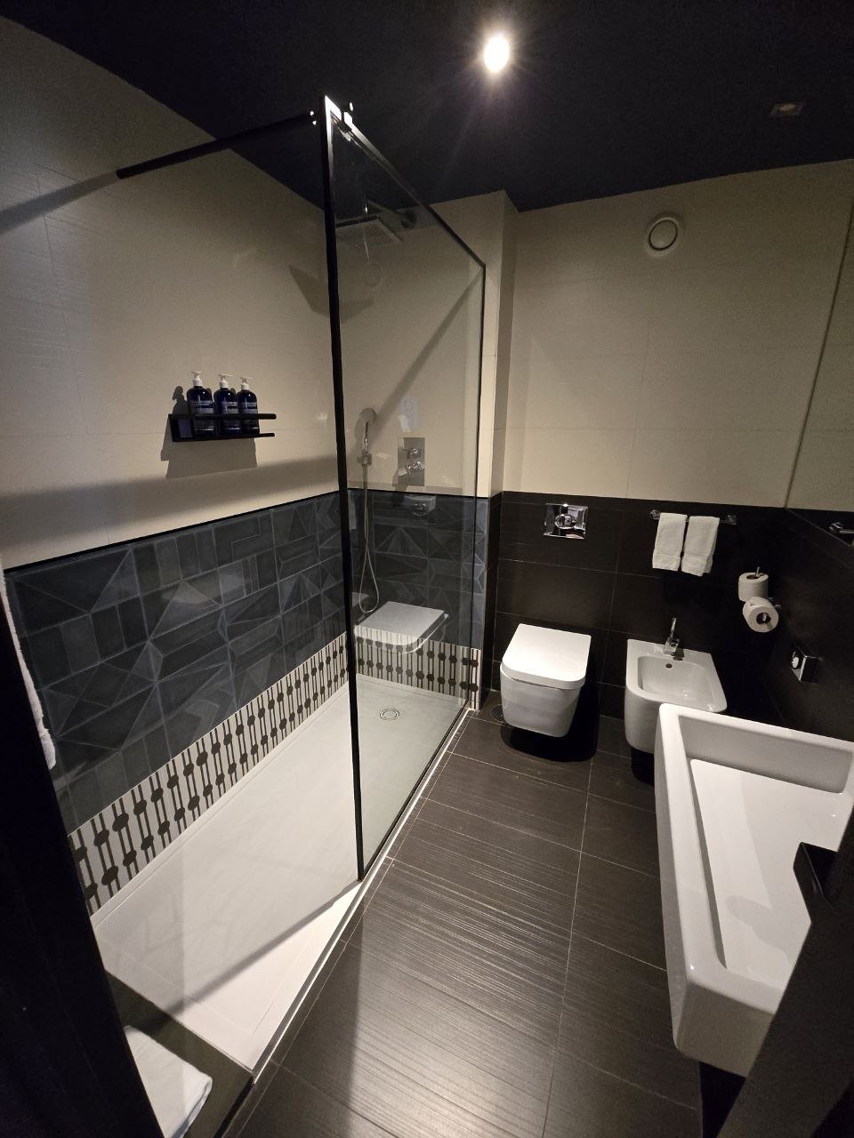 Modern bathroom in the final Lisbon hotel room with glass shower and dark tile