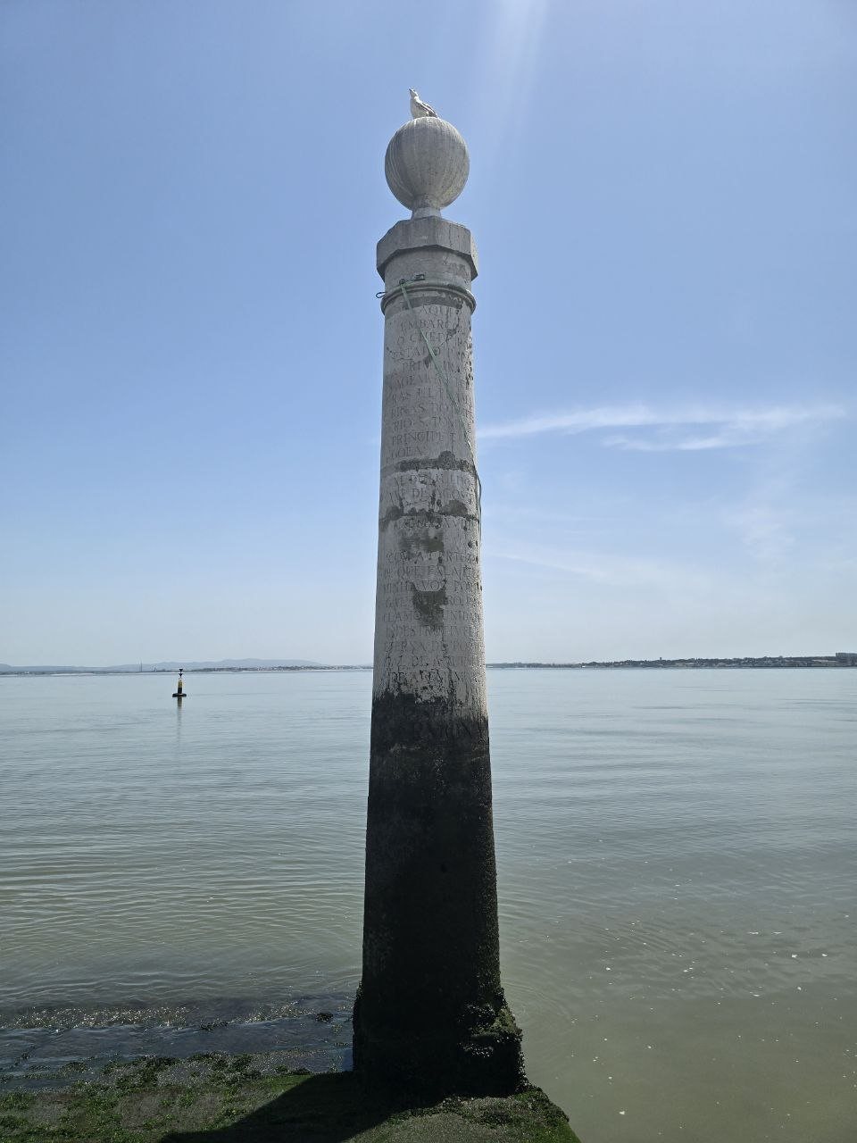 Stone column at Cais das Colunas with a seagull perched on top and the Tagus River behind