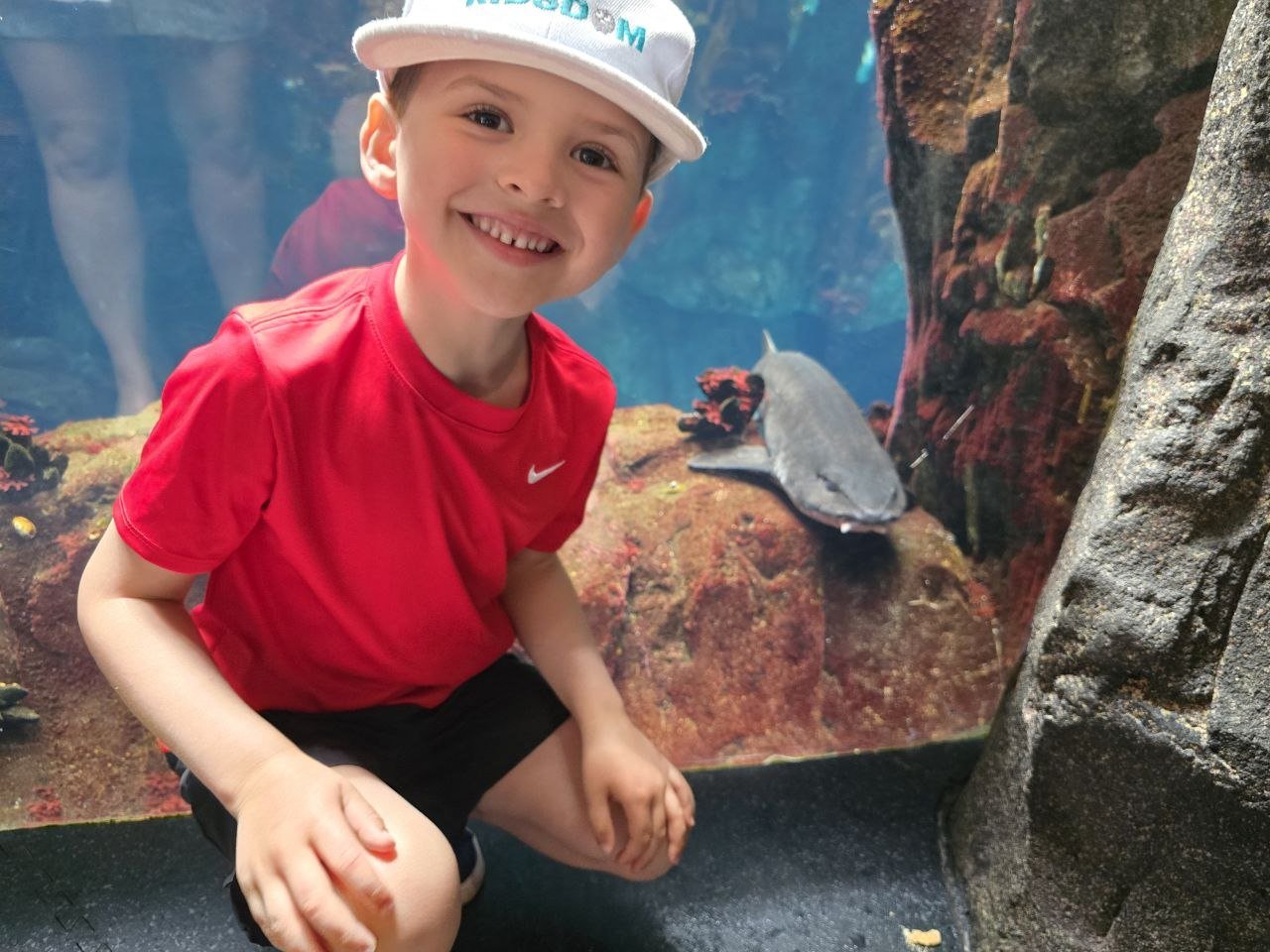 Noah smiling beside a coral aquarium window with colourful fish behind him