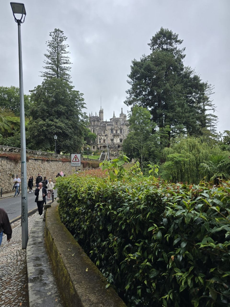 Path approaching Quinta da Regaleira with trees and palace buildings