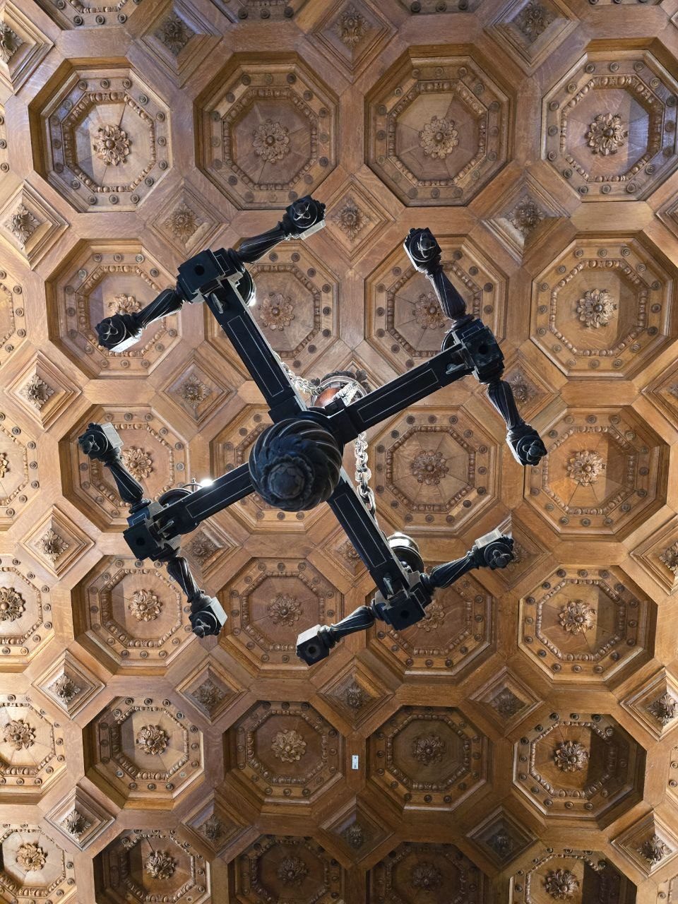 Decorative patterned ceiling with hanging light fixture