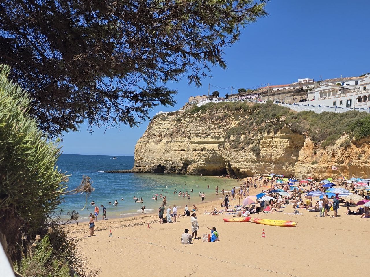 Carvoeiro beach seen through trees with cliffs and beach umbrellas