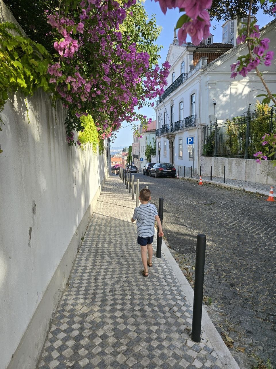 Noah walking down a Lisbon sidewalk beneath purple bougainvillea